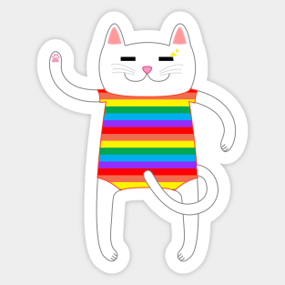 White Cat Wearing a Rainbow Striped Onesie One Piece Swimsuit Sticker